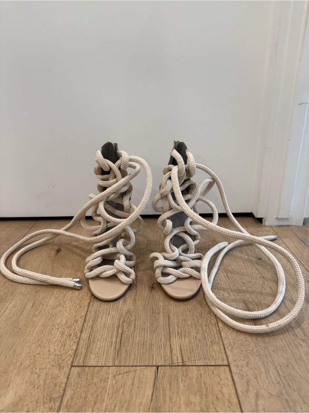 Monika Chiang Cream Rope Lace-Up Stiletto Sandals